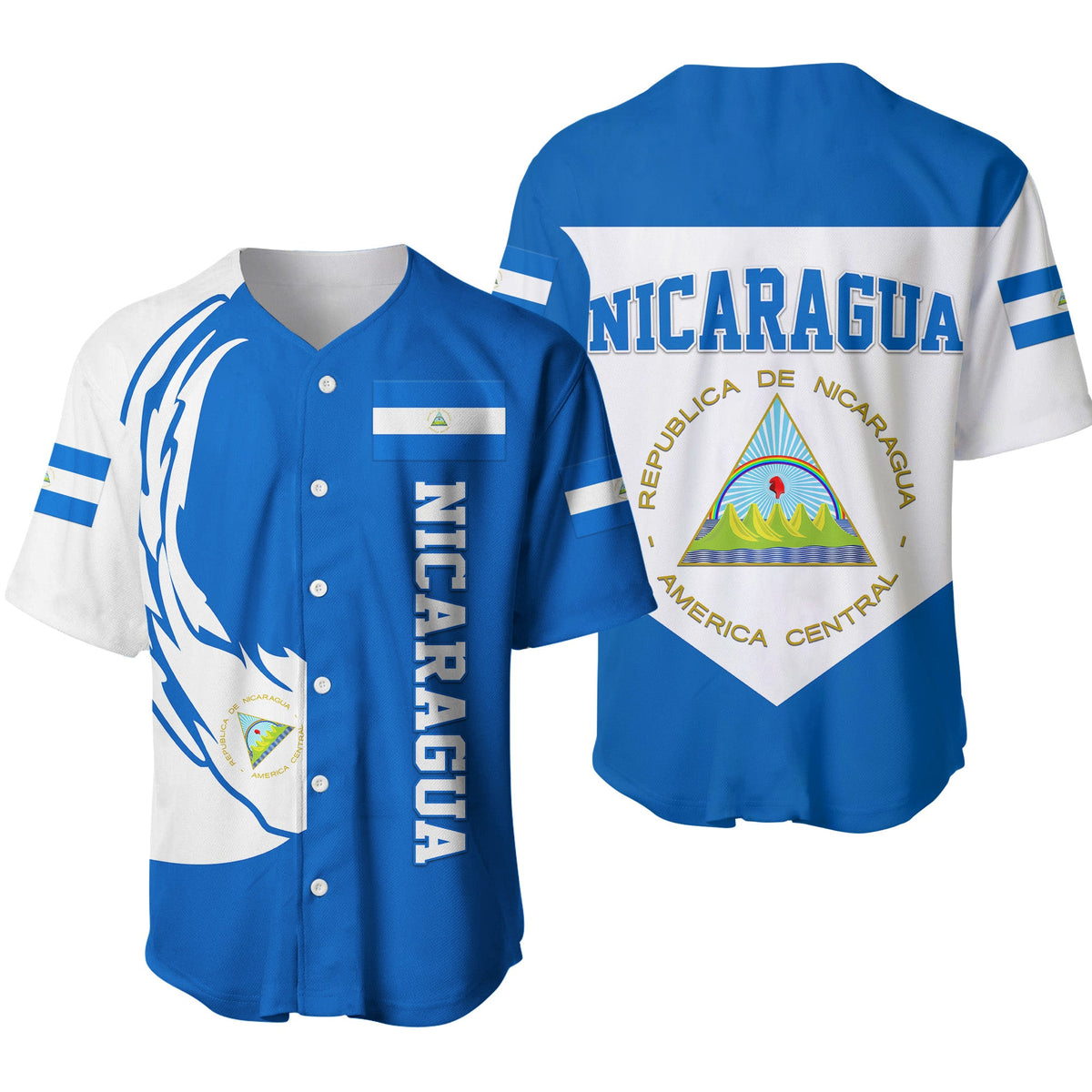 Nicaragua baseball jersey, blue with white trim, button front and Nicaragua graphic