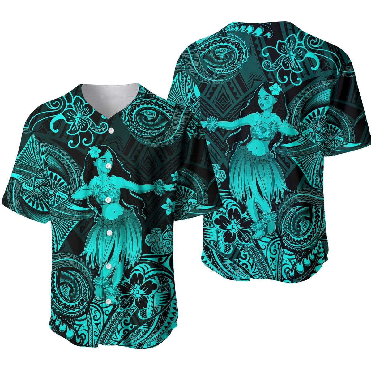 Turquoise hula girl baseball jersey with teal tribal patterns and button-front collar