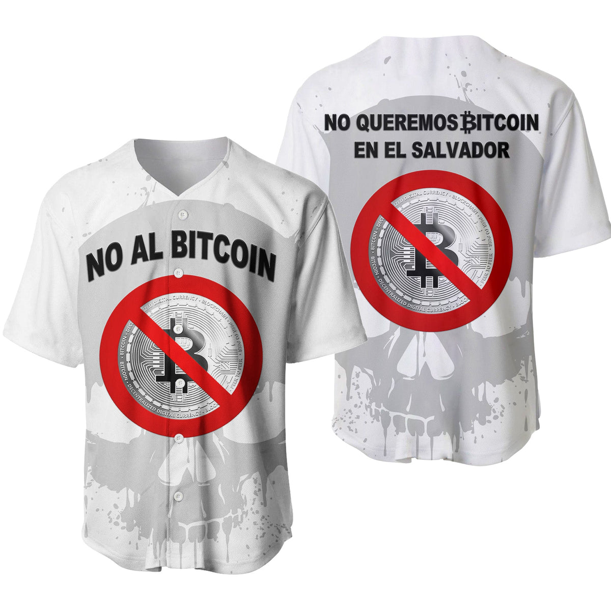 White baseball jersey with “No al Bitcoin” text, red prohibition sign, skull graphic