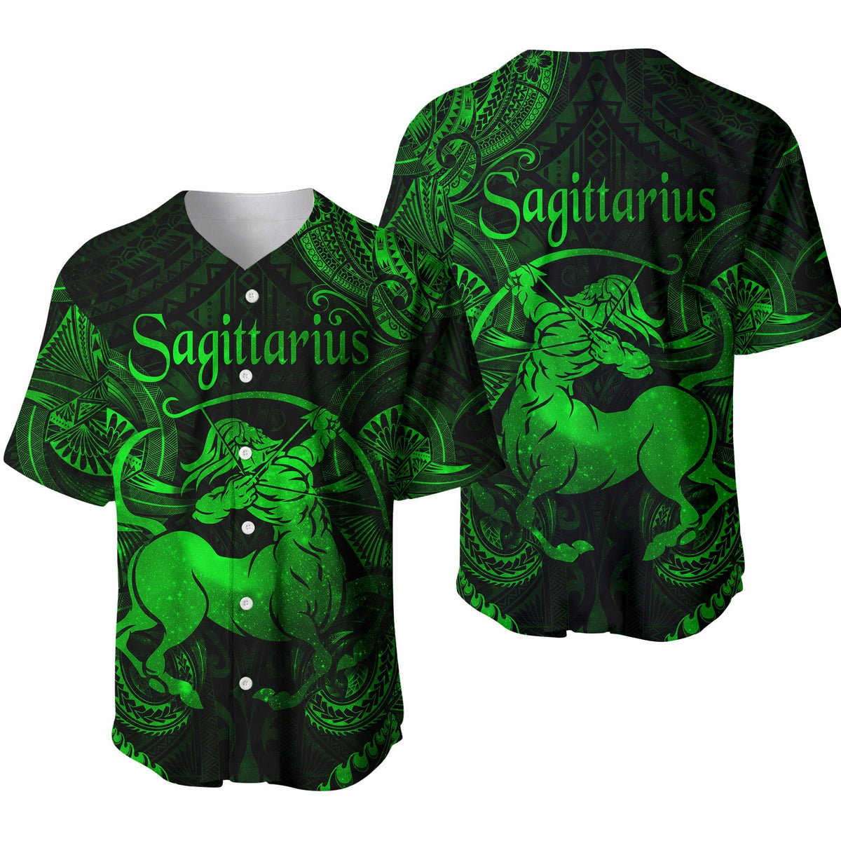 Green & dark jersey with Sagittarius text, Polynesian patterns, and centaur print; button placket.