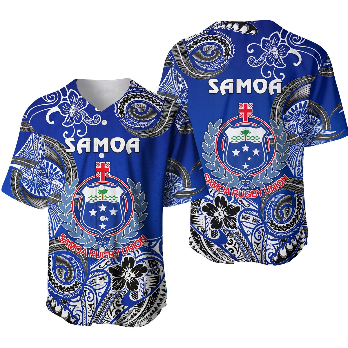 Blue baseball jersey with white trim, Samoa rugby crest and ornate Polynesian graphics