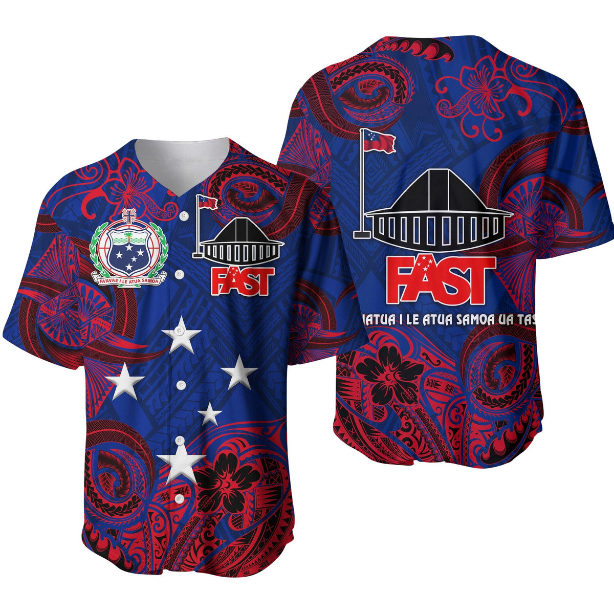 Blue and red patterned baseball jersey with FAST logo and star accents, short sleeves