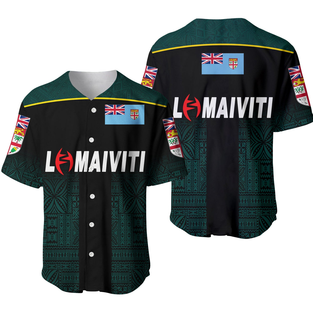 Black and green rugby baseball jersey, button front, flag patch, MAIVITI logo