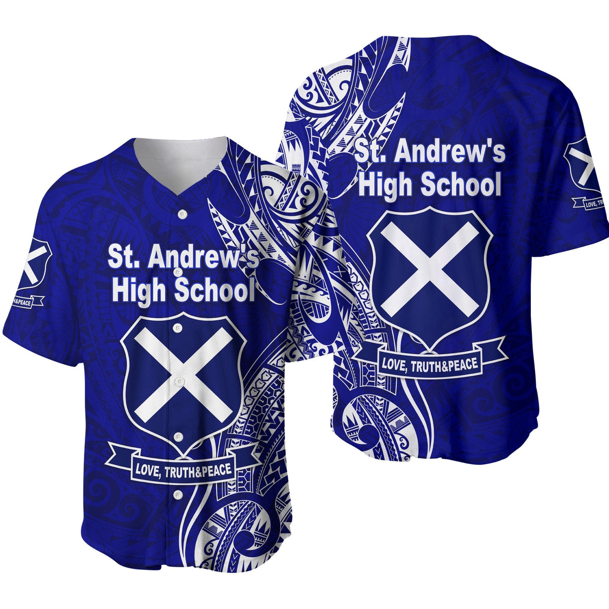 Blue St. Andrew's High School baseball jersey with X crest and “LOVE, TRUTH & PEACE” text