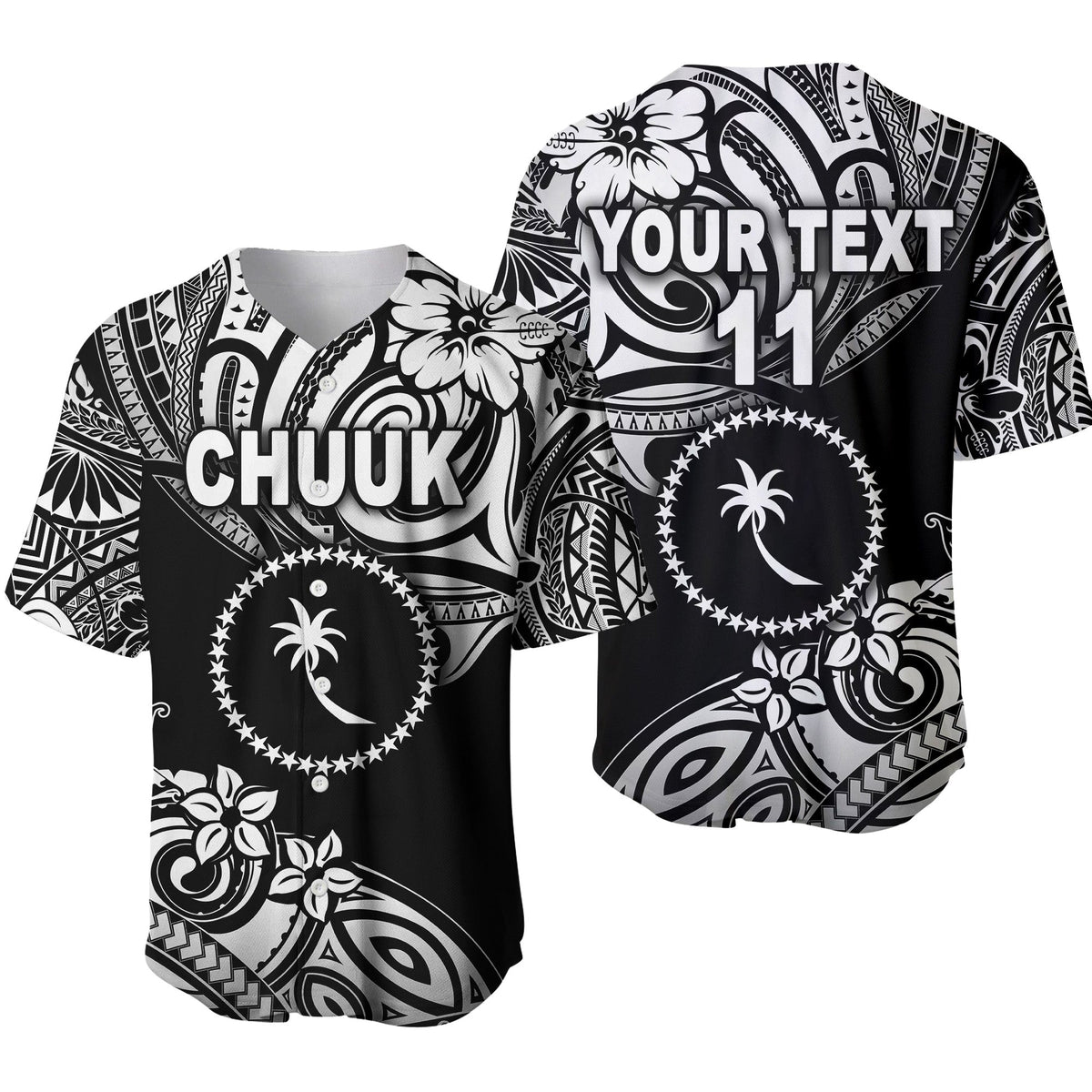 Black baseball jersey con testo personalizzato, “CHUUK” e motivo tribale grigio-bianco