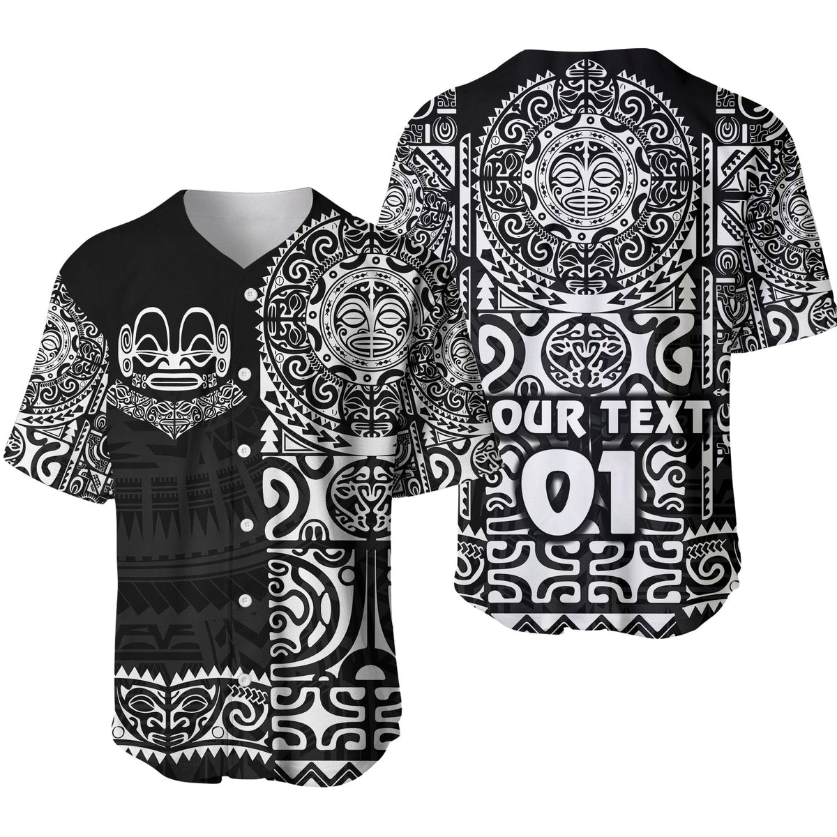 Black baseball jersey with Marquesan tattoo print and custom text design
