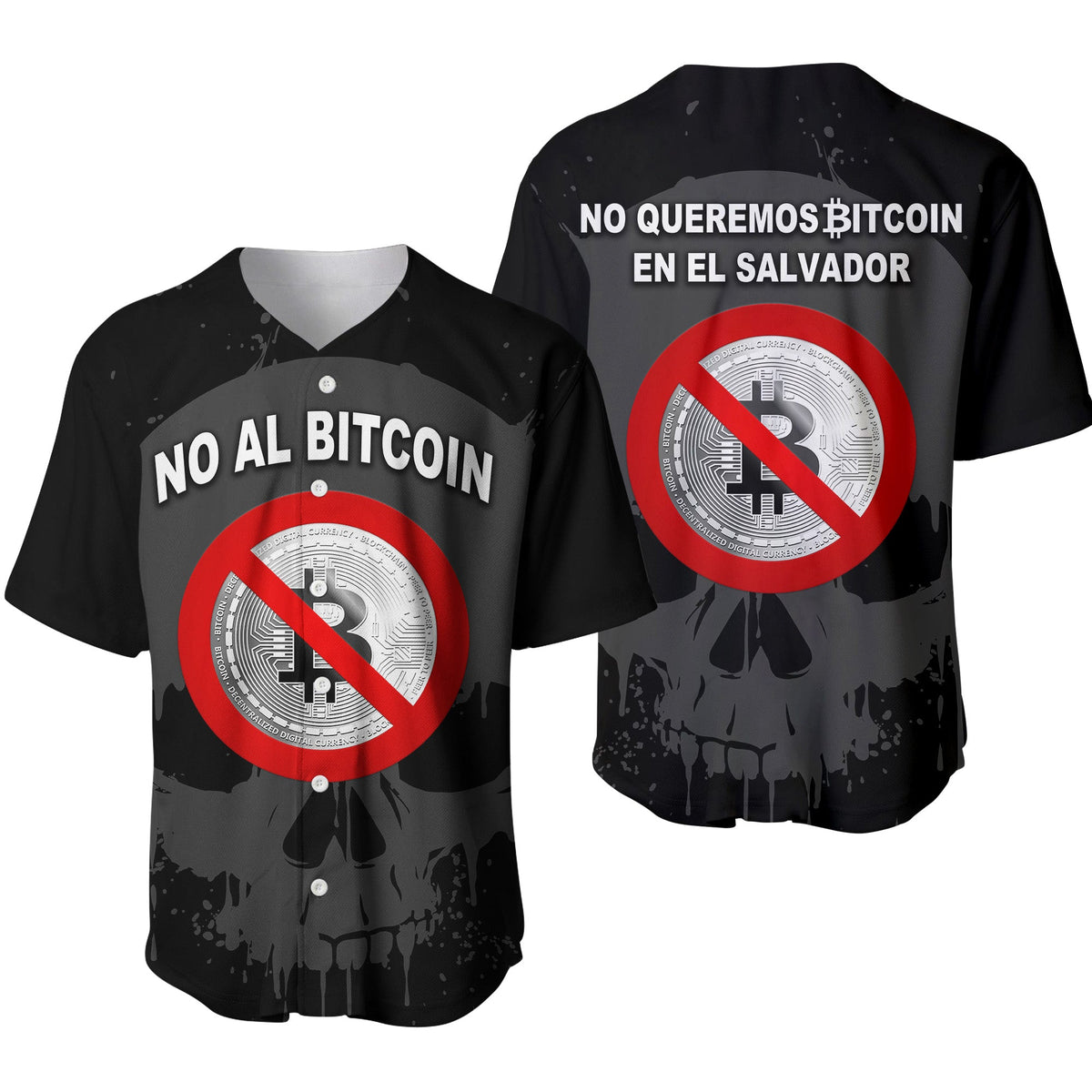Black baseball jersey: skull print, red no-bitcoin sign, Spanish text front/back