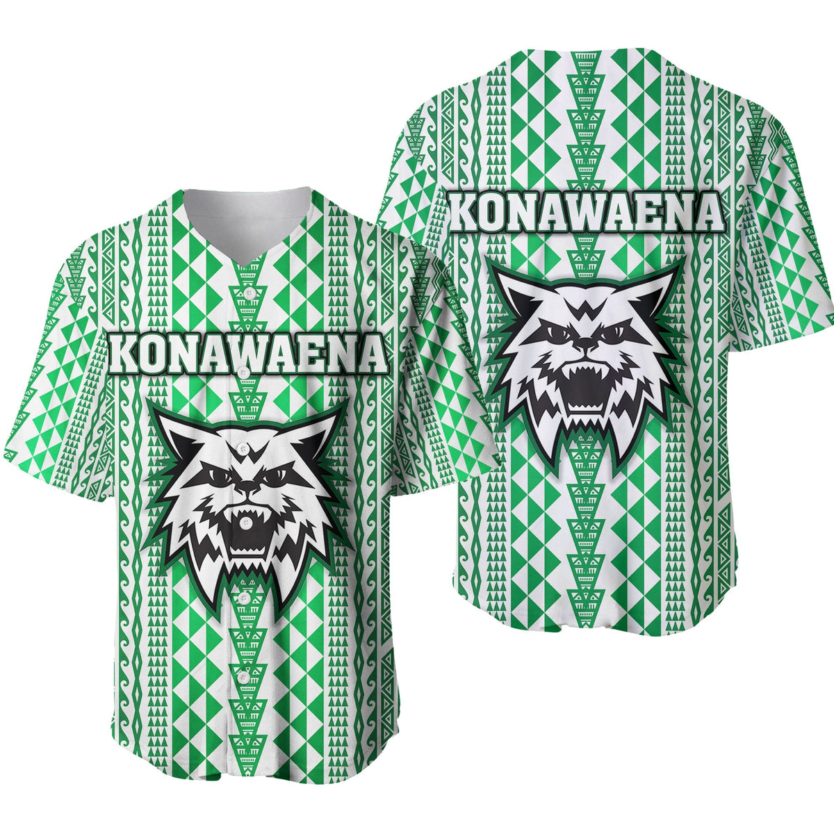 Green baseball jersey with geometric pattern and KONAWAENA logo on chest