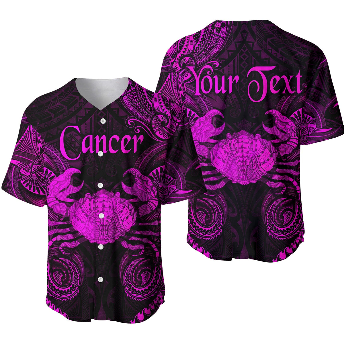 Pink Cancer zodiac polynesian baseball jersey, purple-pink ornate print, button-up front/back