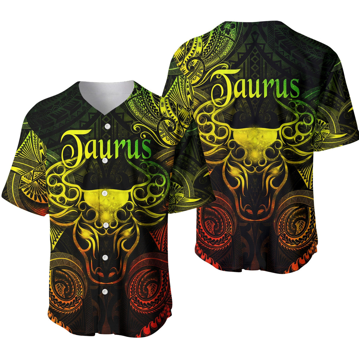 Taurus reggae baseball jersey with gold bull head art, button front, black green red