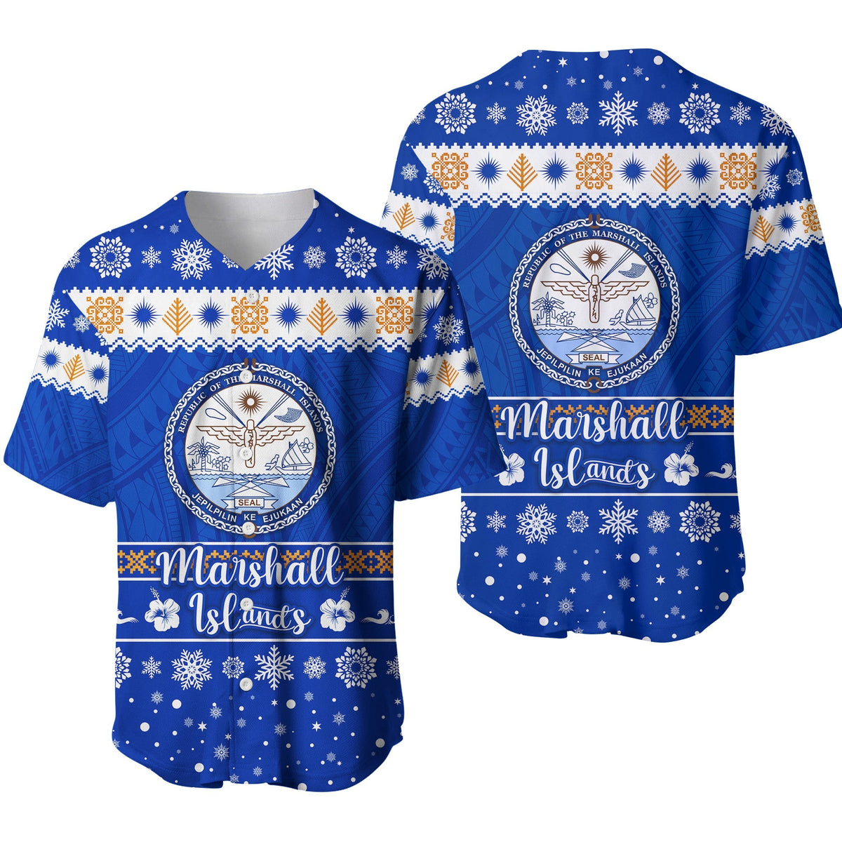 Blue Marshall Islands Christmas baseball jersey, V-neck with snowflake pattern and seal graphic