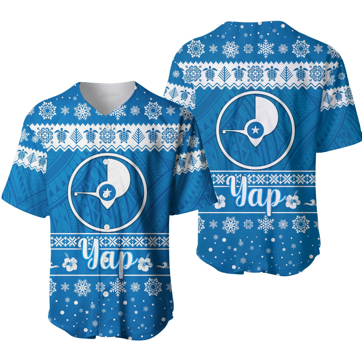 Blue Christmas baseball jersey with snowflake pattern, 'Yap' text, and team logo