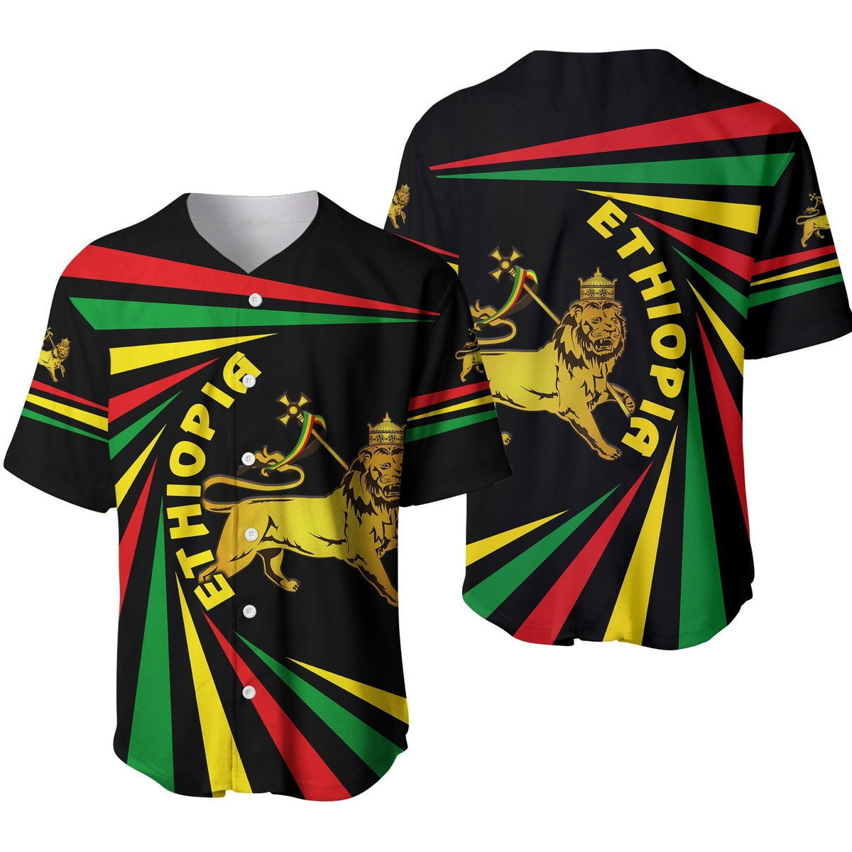 Black baseball jersey with Lion of Judah graphic, red green yellow stripes and rays.