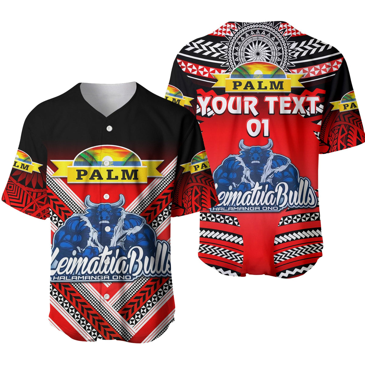 Red baseball jersey with custom text, number 01, blue bull graphic and Polynesian patterns.