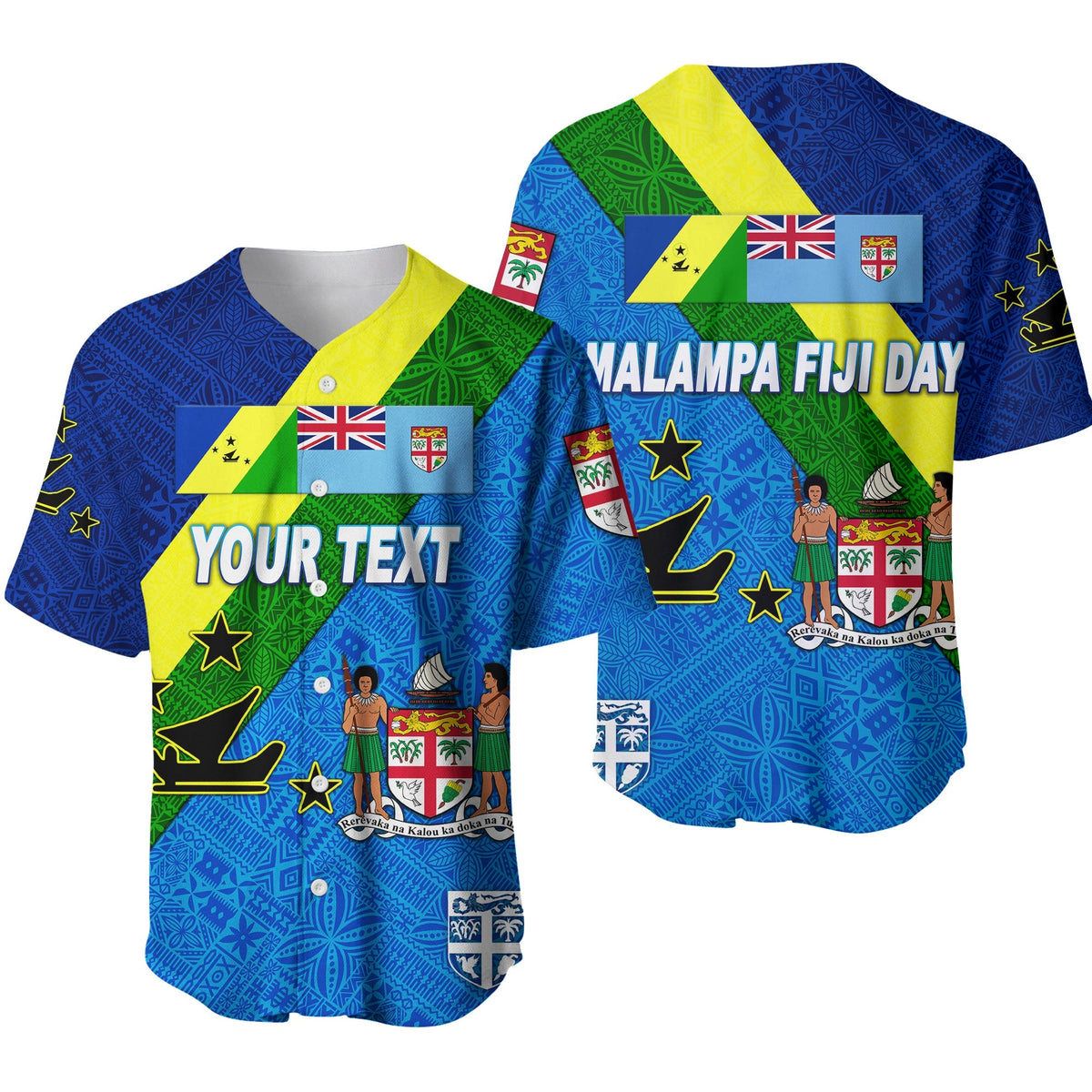 Blue baseball jersey with Malampa Fiji Day graphic, crest patch, short sleeves
