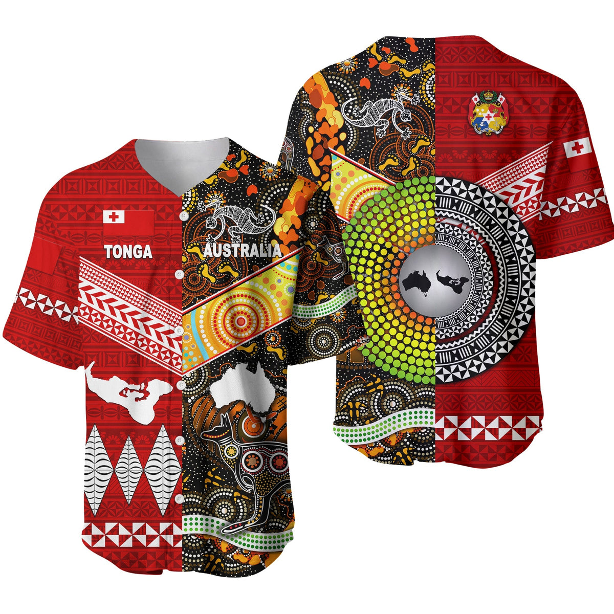 Red baseball jersey with Tonga and Australia themed graphic, front and back views