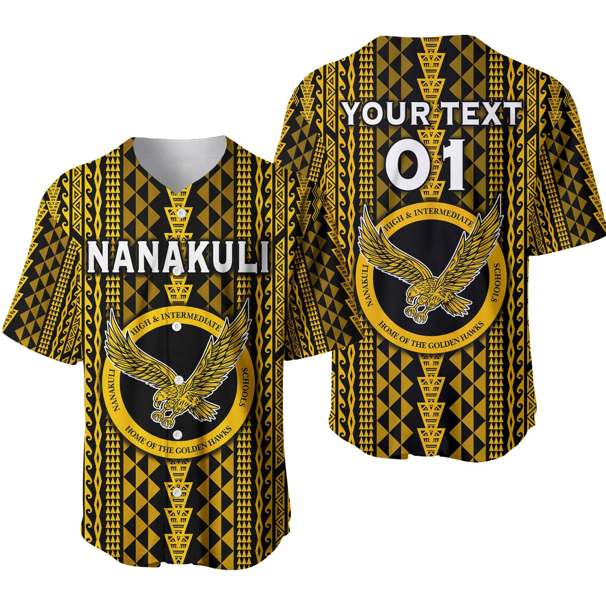 Gold baseball jersey with black geometric pattern, eagle crest, NANAKULI text and '01' graphic