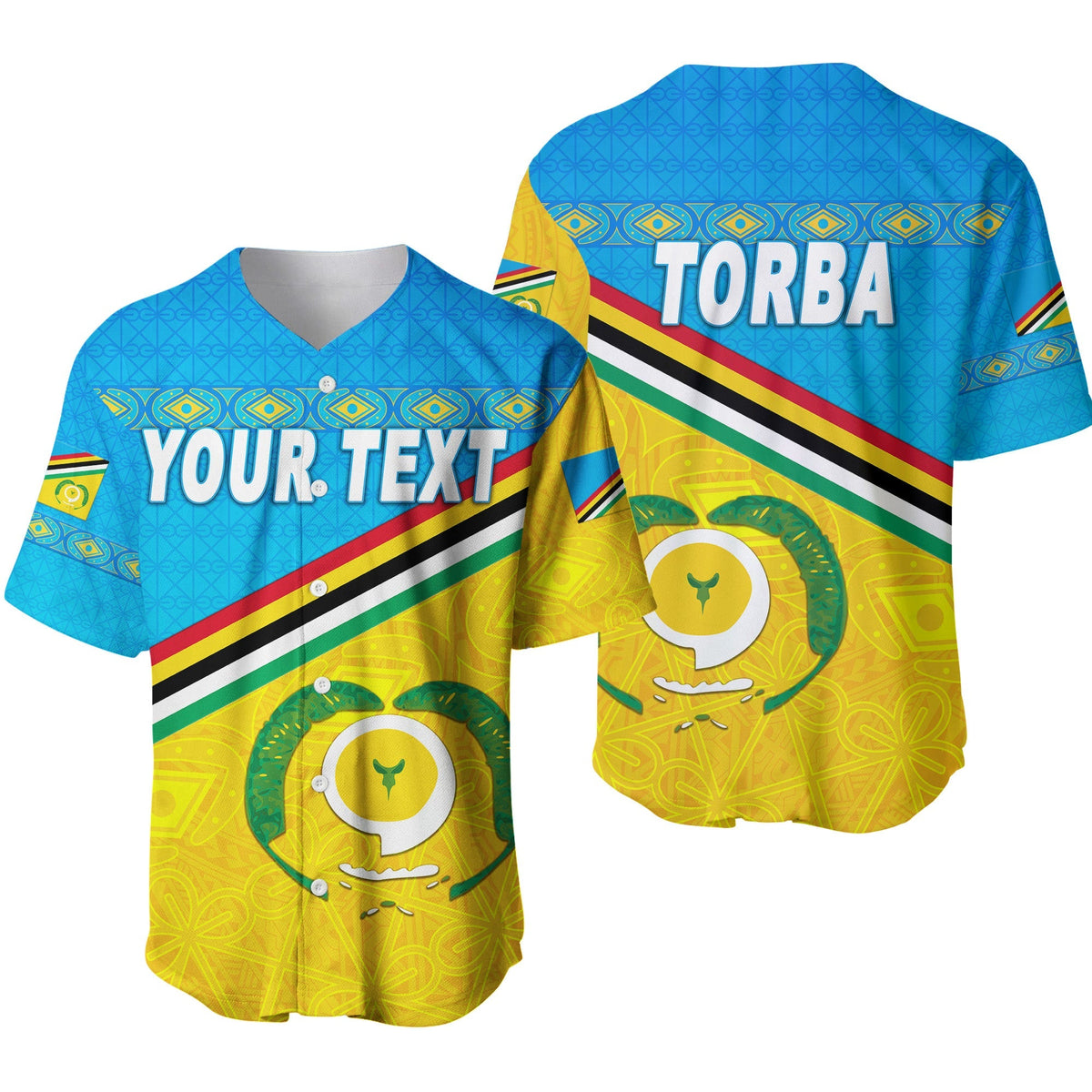 Blaues Baseball-Trikot mit Torba-Schrift, bunten Streifen, Vanuatu-Muster und Platzhalter-Text