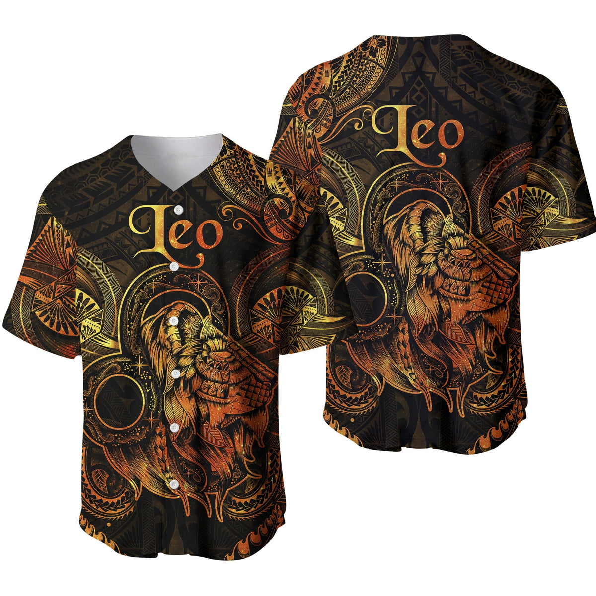Dark baseball jersey with gold Leo lettering and roaring lion graphic, button front