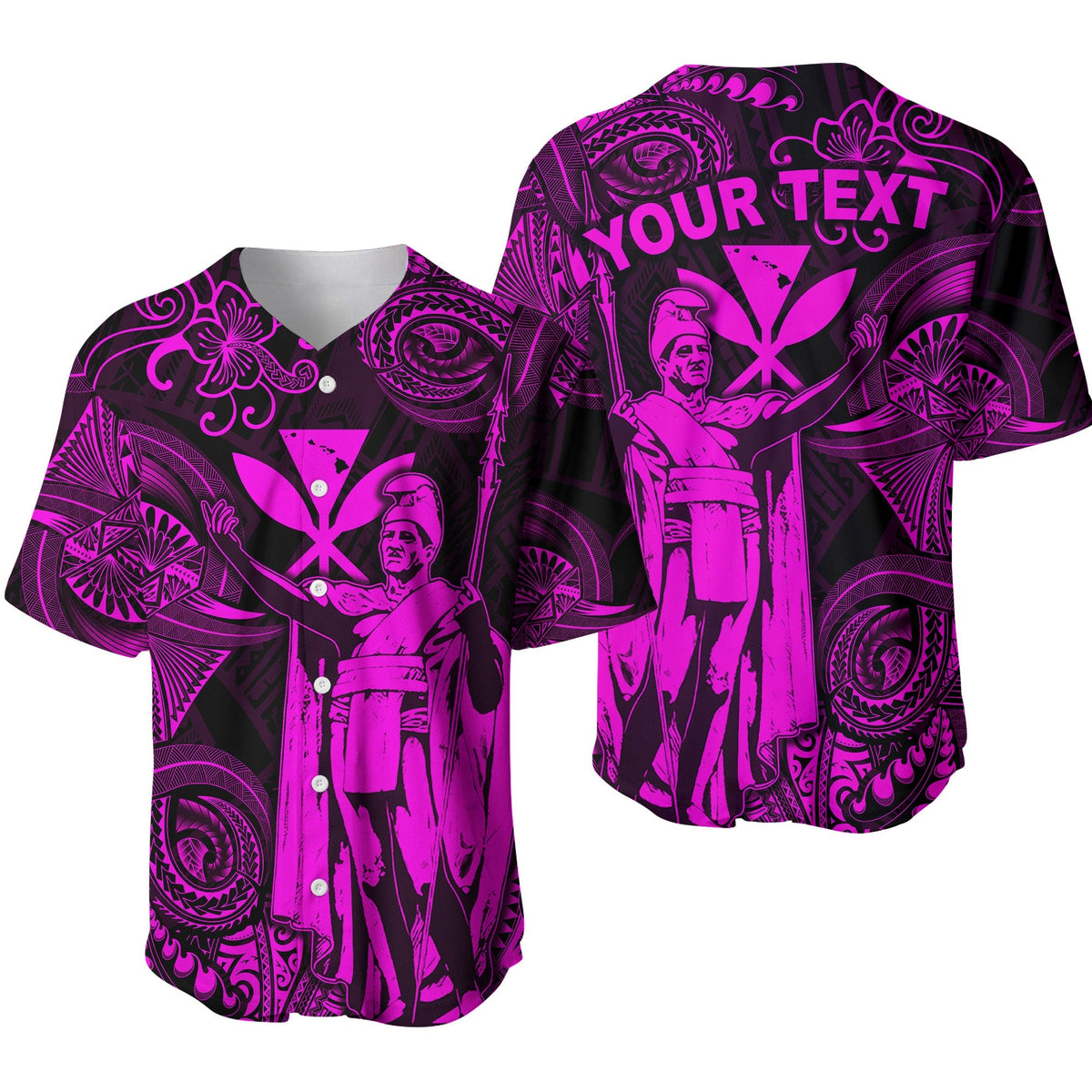 Pink Polynesian-style baseball jersey with button front and “YOUR TEXT” print