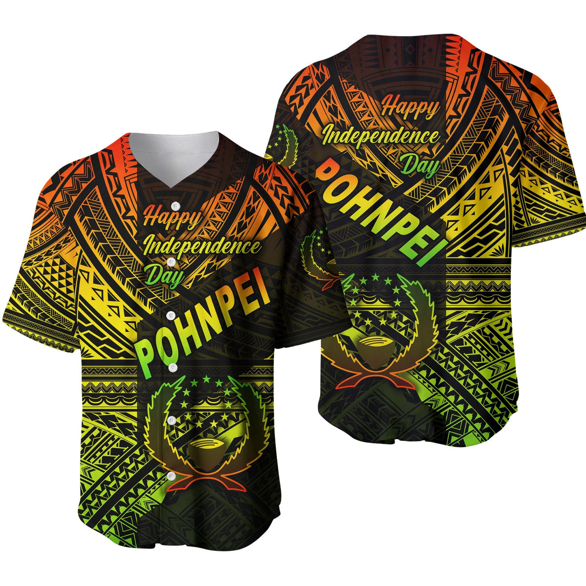 Reggae Pohnpei baseball jersey, black with neon yellow/green tribal graphics and slogan