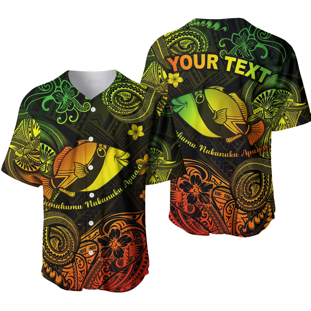 Polynesian baseball jersey with humuhumu fish; green and yellow reggae patterned design