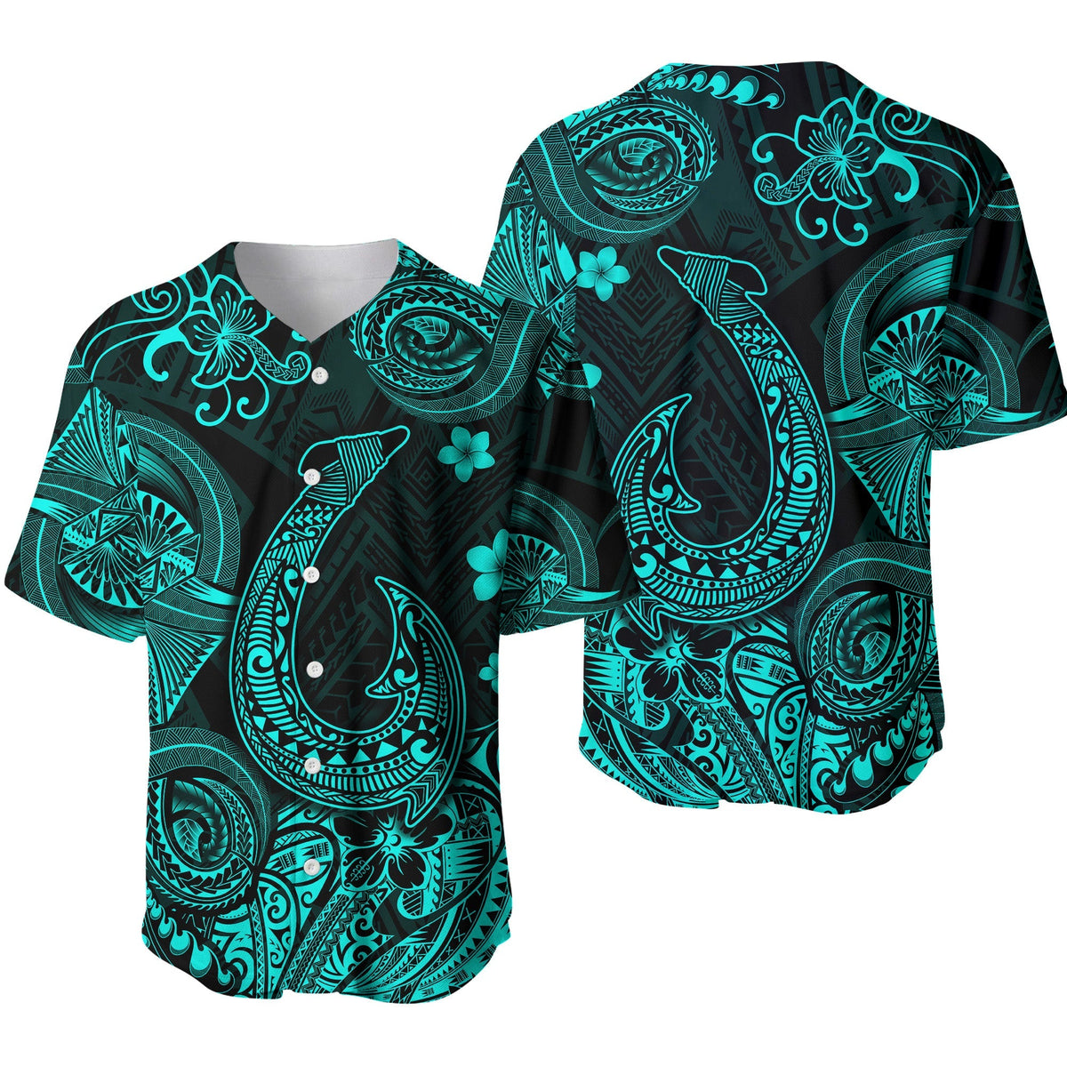 Turquoise and dark patterned baseball jersey with short sleeves, button-up placket, Polynesian motifs