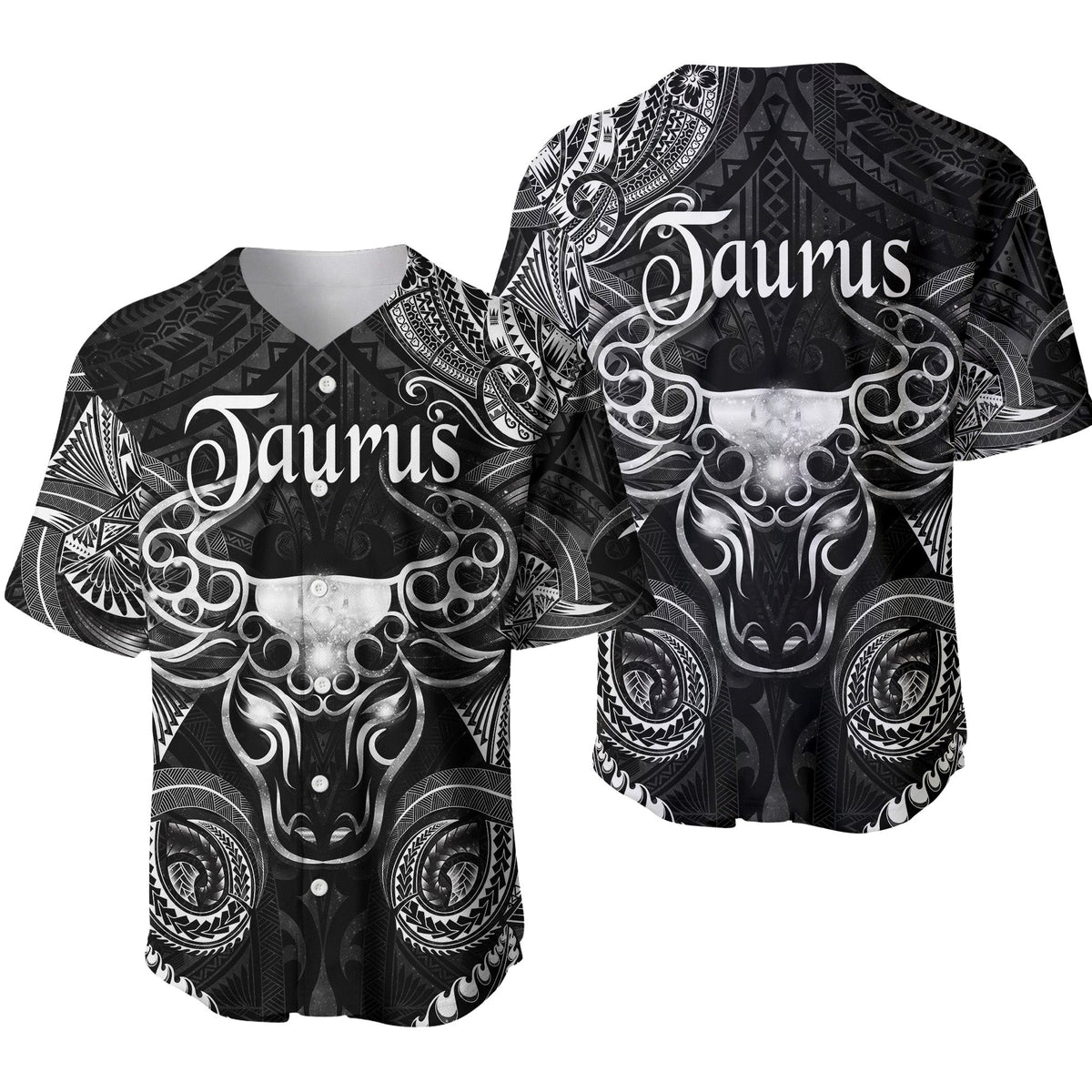 Black baseball jersey with ornate white Taurus bull head design and Polynesian patterns