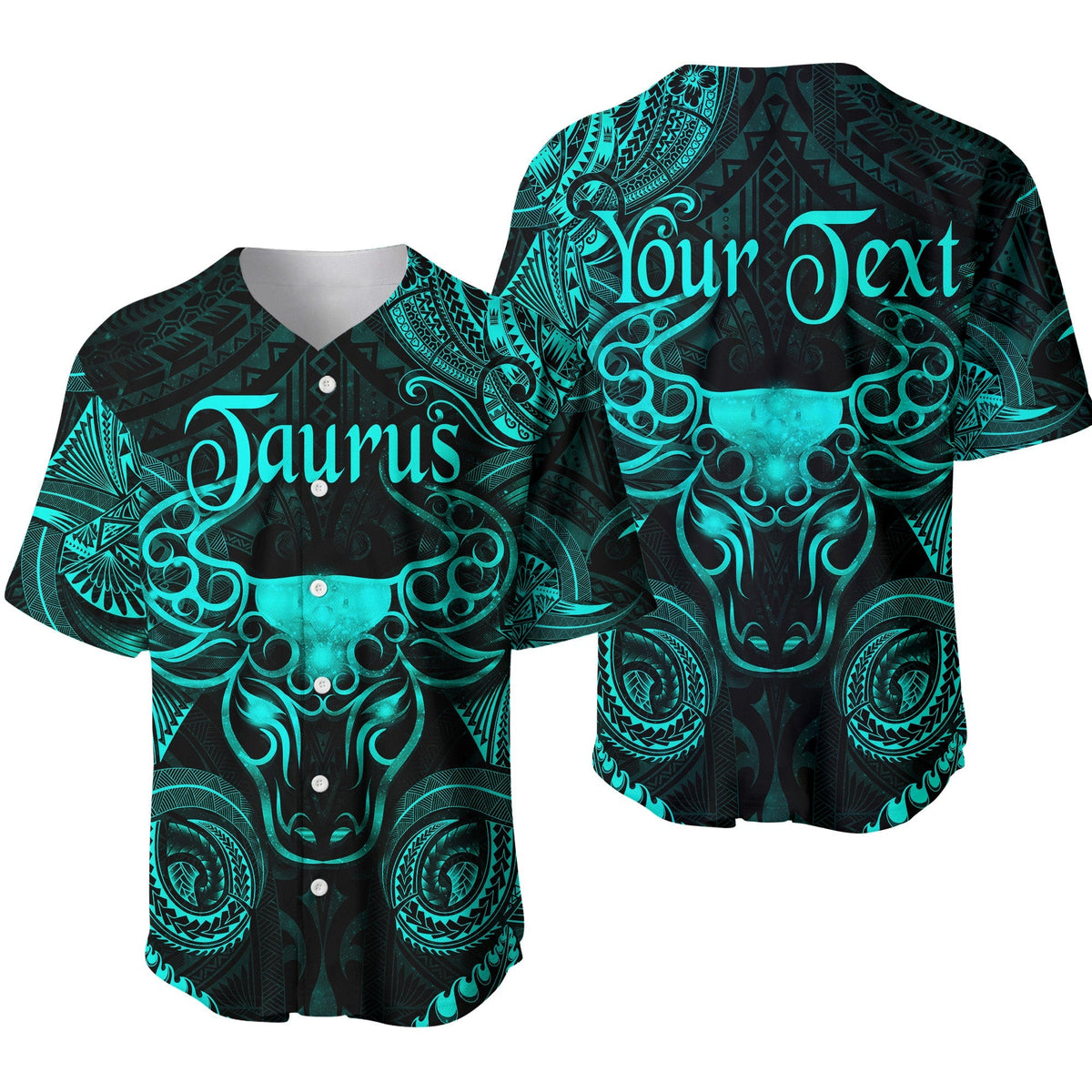 Turquoise Taurus baseball jersey with Polynesian bull head print, button-up collar