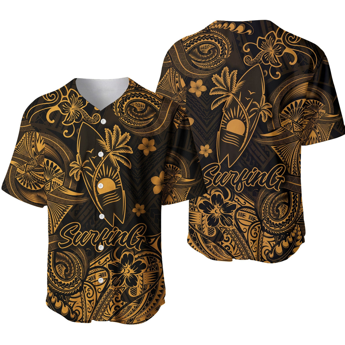 Dark gold Polynesian surf baseball jersey with button-up collar and bold tropical patterns