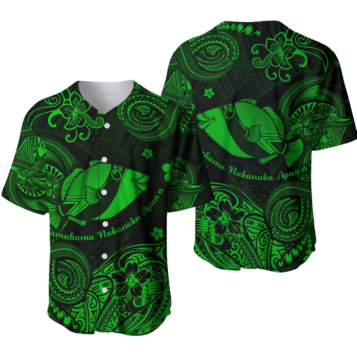 Green Polynesian baseball jersey with fish graphic and floral scroll pattern