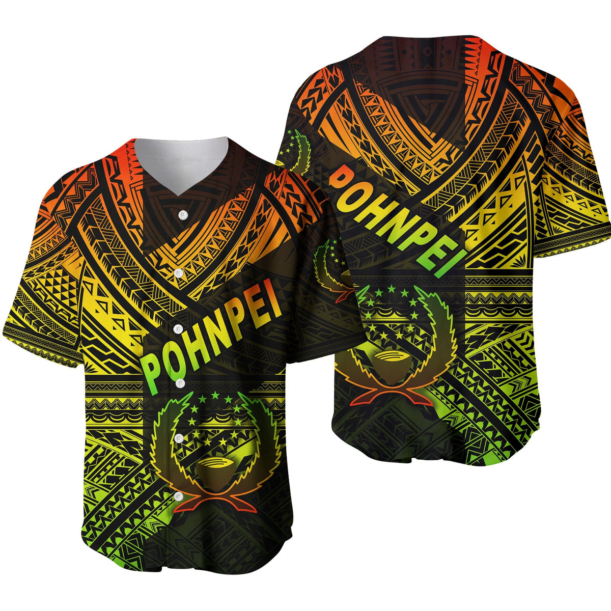 Baseball jersey with bold “Pohnpei” lettering, V-neck button front, tribal pattern