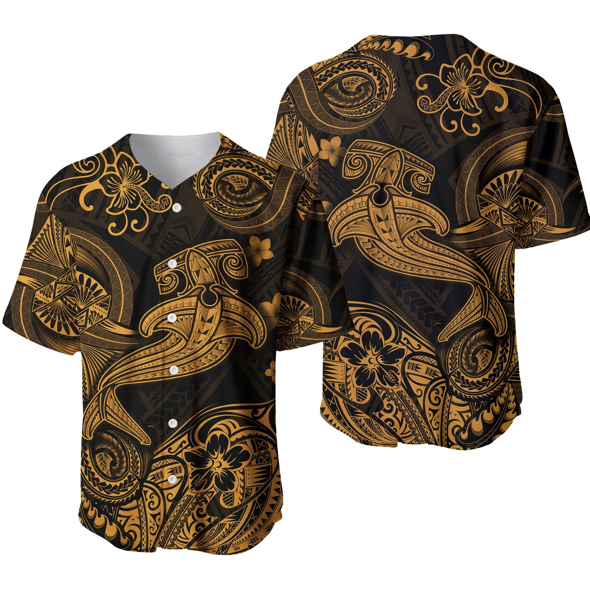 Gold and black Polynesian-style baseball jersey with short sleeves, button front, ornate shark pattern