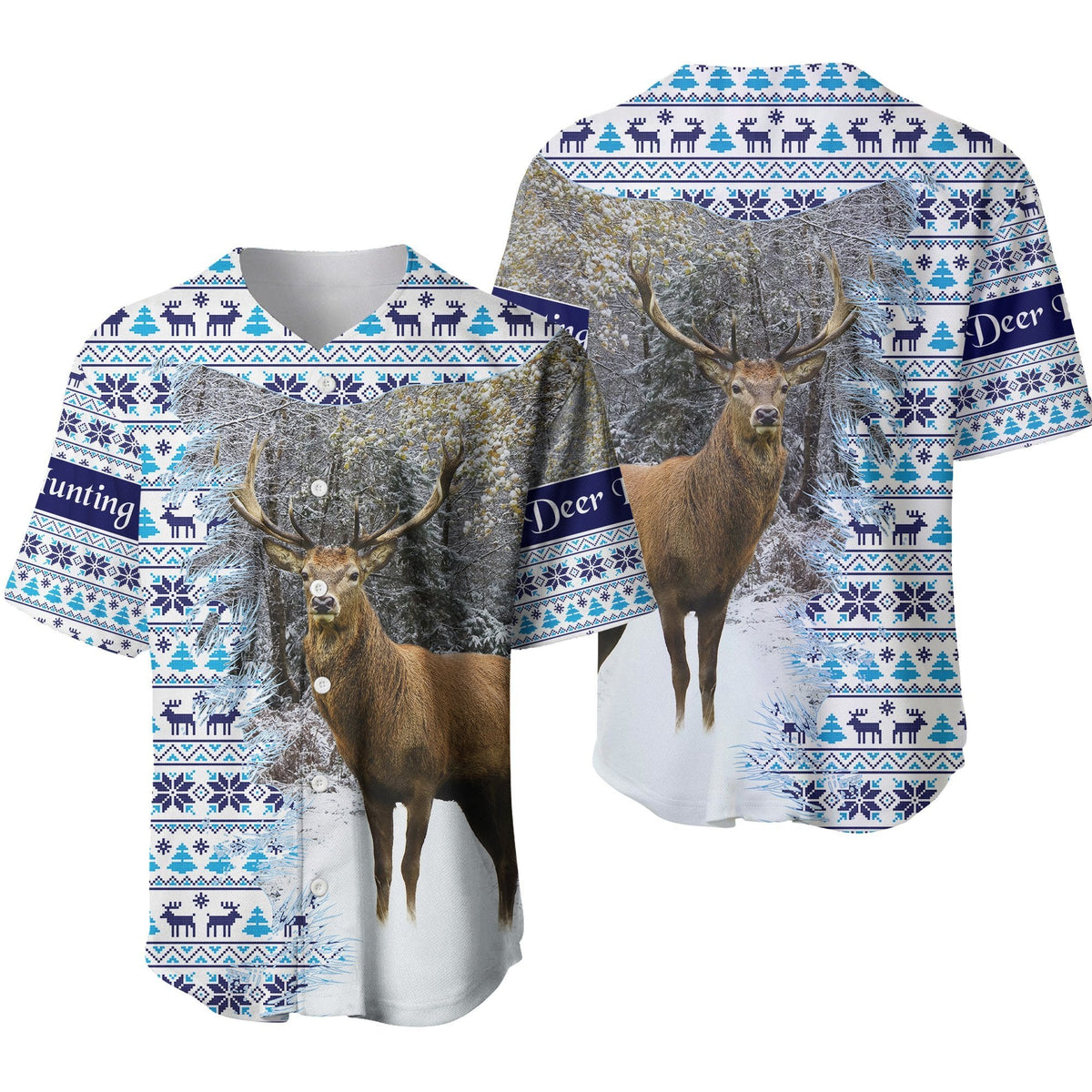White baseball jersey with blue holiday deer graphic and antlers, LT8