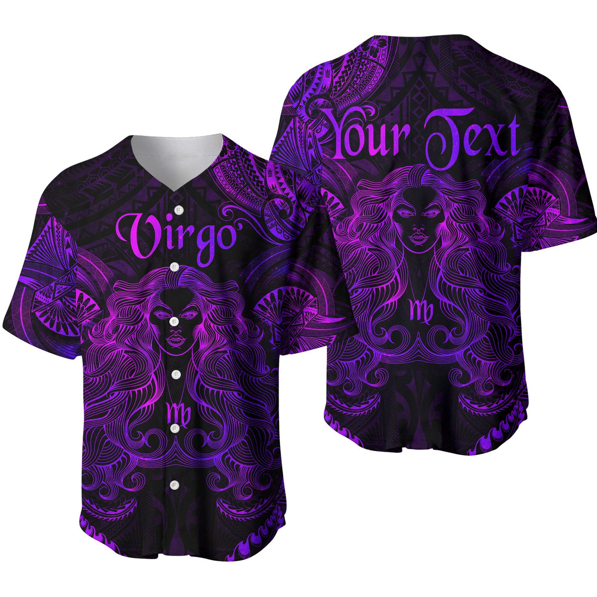 Virgo Zodiac polynesian baseball jersey in purple, ornate face and text design