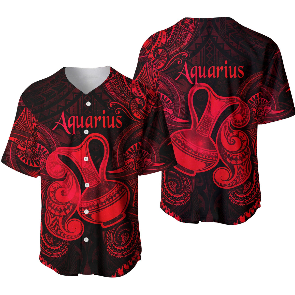 Red Aquarius Polynesian baseball jersey, red/black tribal pattern on front and back.