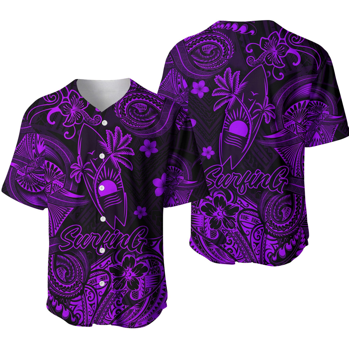 Purple Polynesian-style baseball jersey with surf script and floral/paisley prints