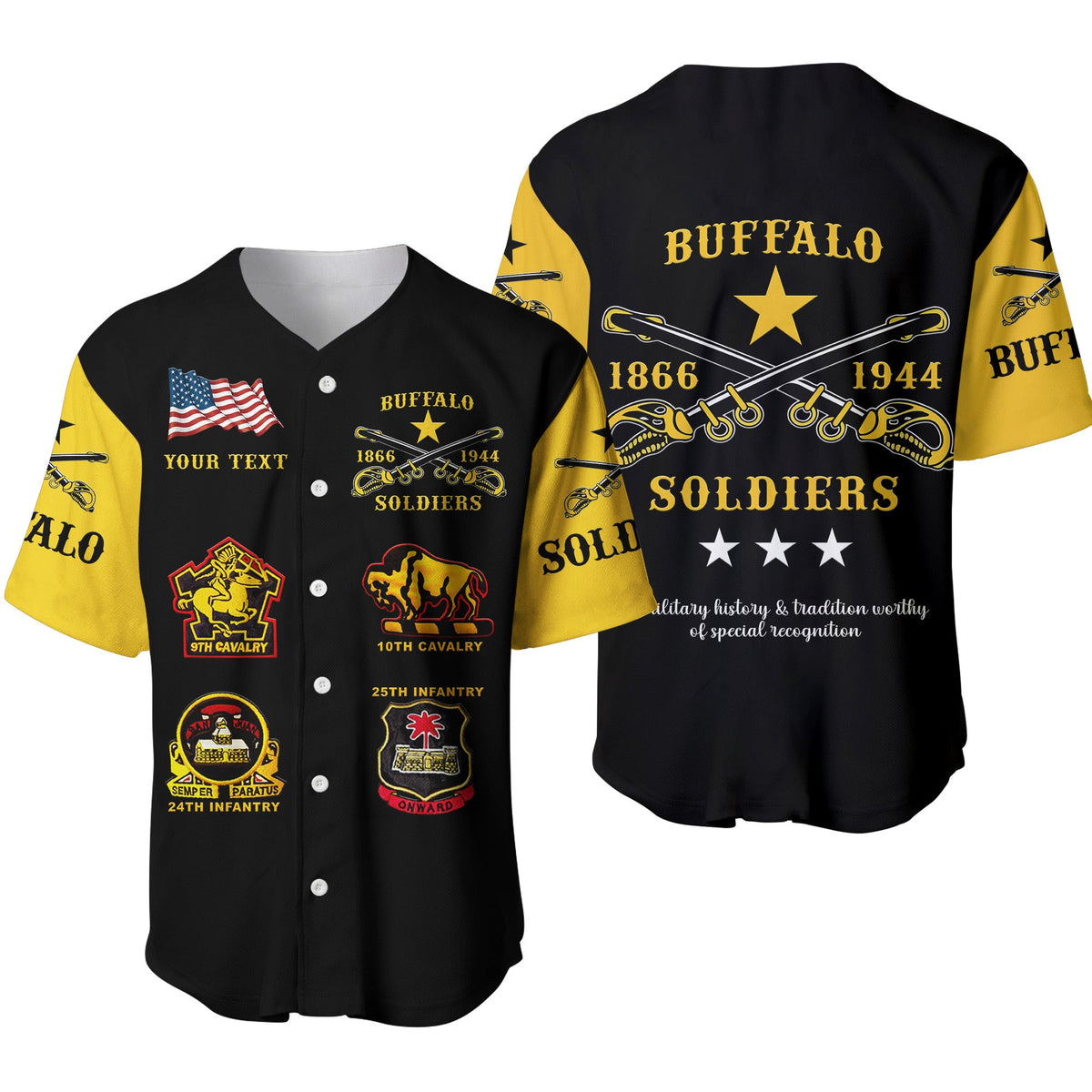 Black baseball jersey with gold sleeves, Buffalo Soldiers print and “YOUR TEXT” front