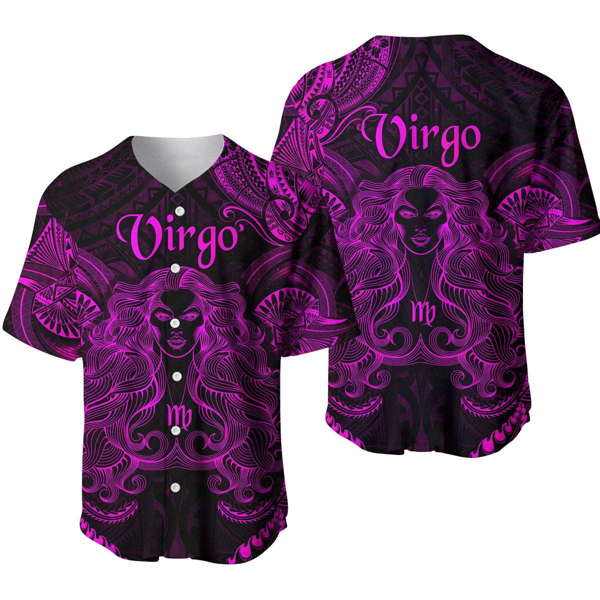 Virgo zodiac baseball jersey in pink with purple tribal patterns and Virgo logo front