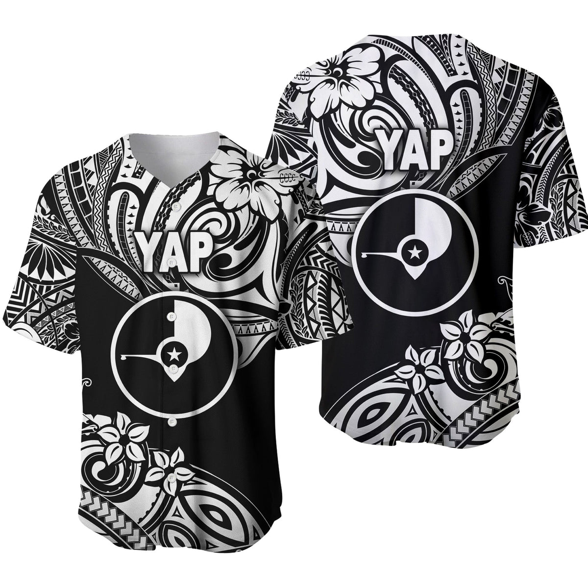 Black baseball jersey with white YAP front and back circular logo print