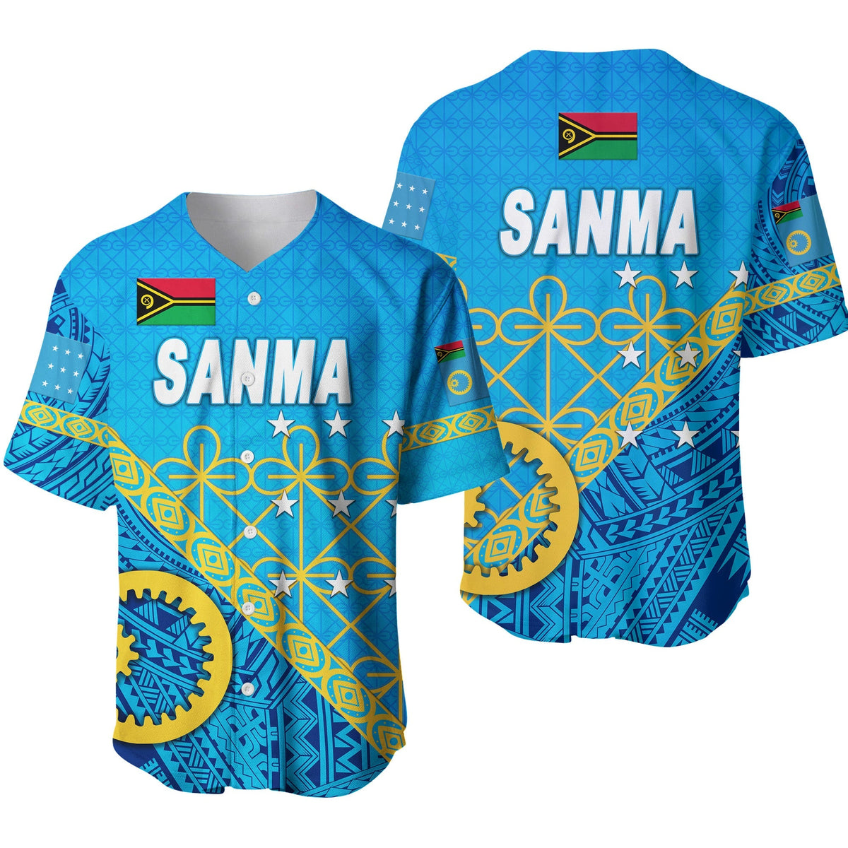 Blue Sanma baseball jersey with gold geometric pattern, flag badge, and button-front