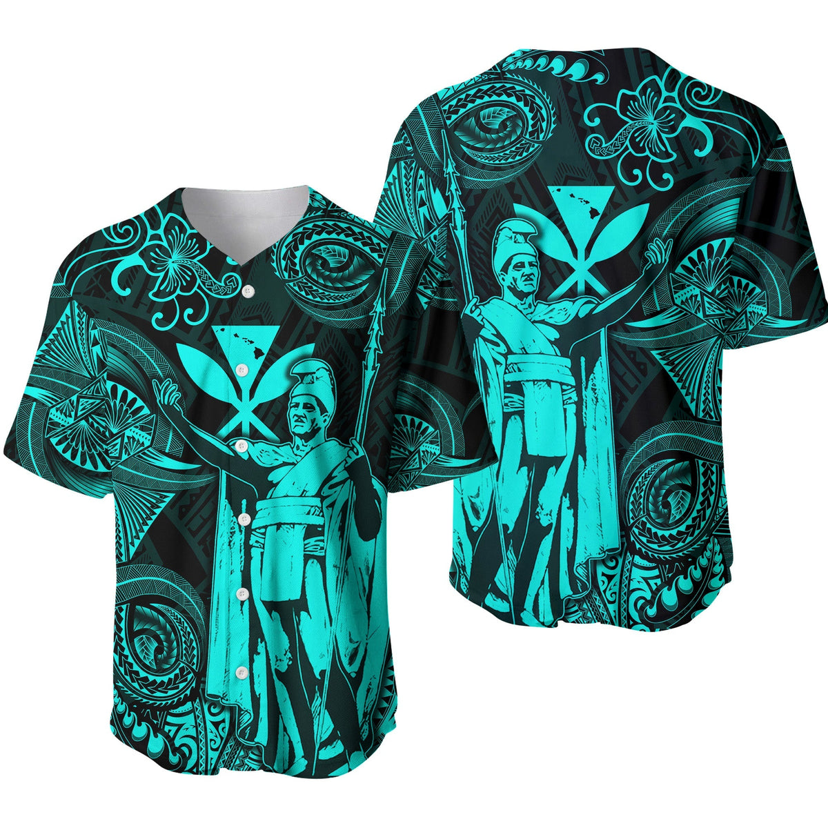 Turquoise Polynesian baseball jersey, short sleeves, button-front, tiki map graphic print