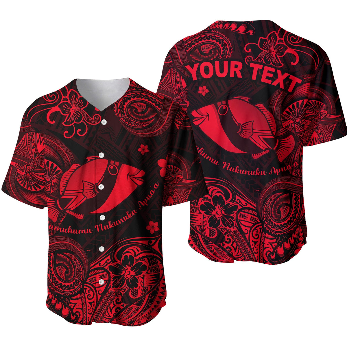 Red baseball jersey with black-and-red Polynesian fish graphic, floral swirls, buttons