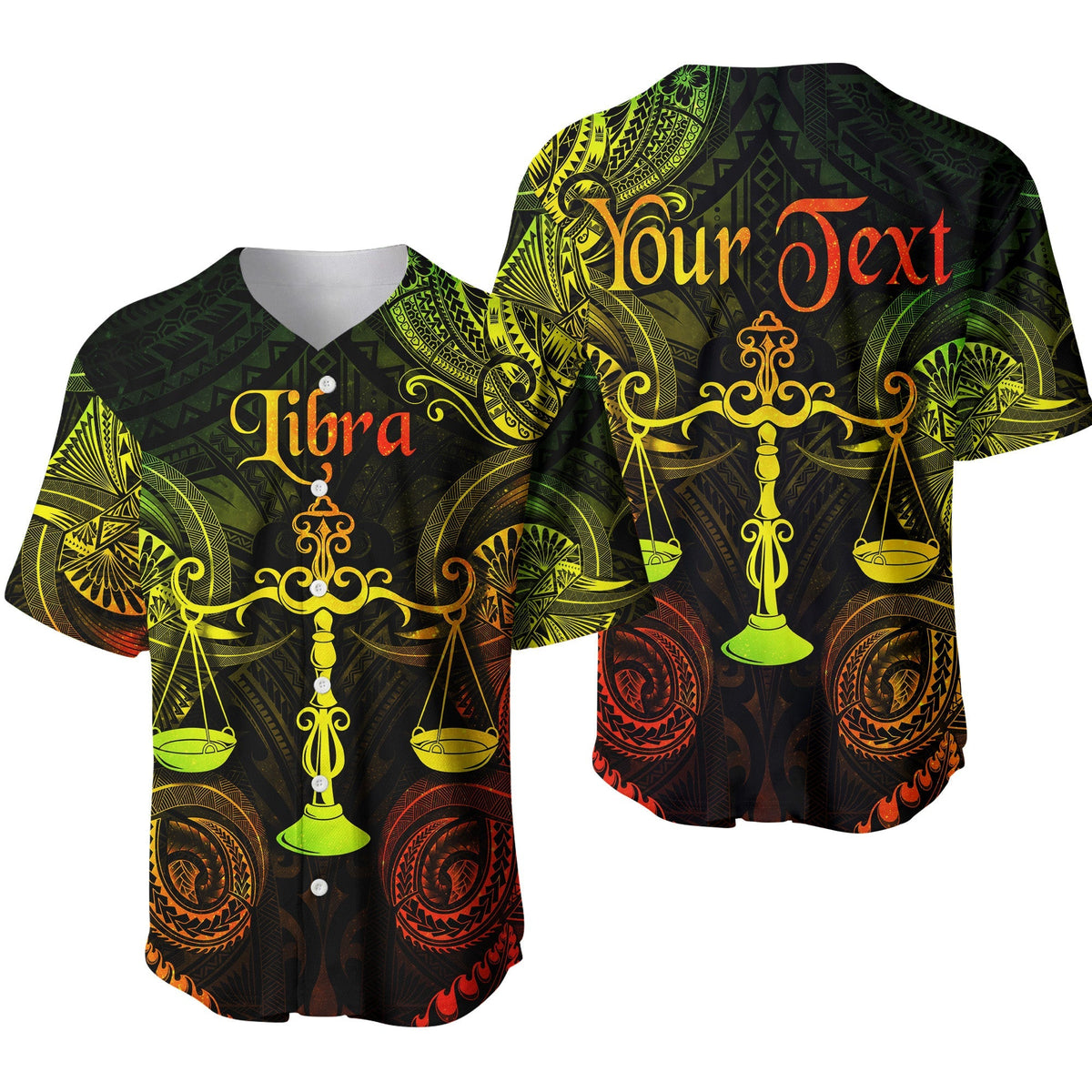 Libra zodiac baseball jersey, black with green/yellow scale and tribal pattern