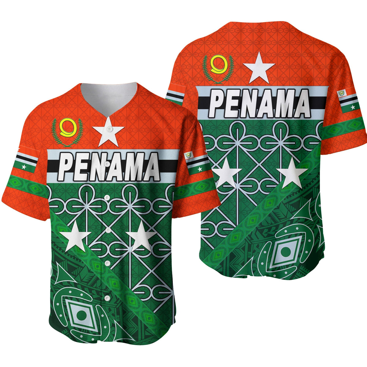 Green baseball jersey with red pattern, PENAMA print, stars, striped cuffs