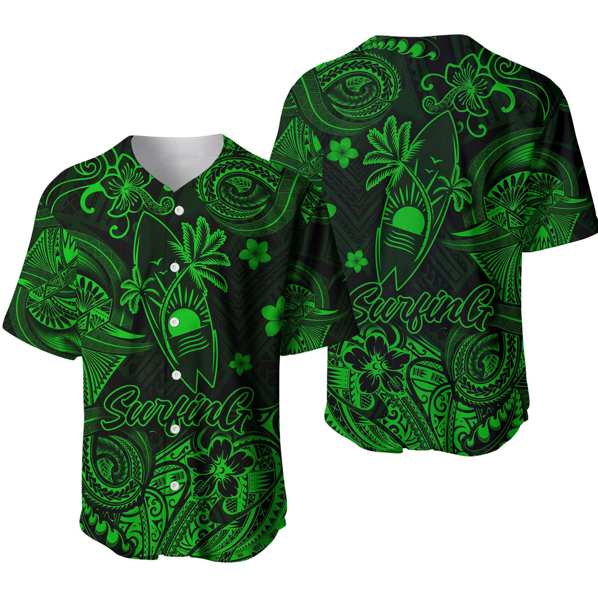 Green short-sleeve baseball jersey with tropical Polynesian surf pattern and Surfing text