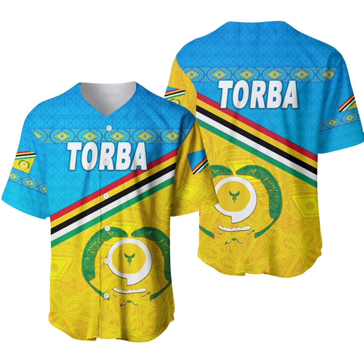 Blue baseball jersey set with Torba logo, rainbow stripe band, yellow patterned panels.