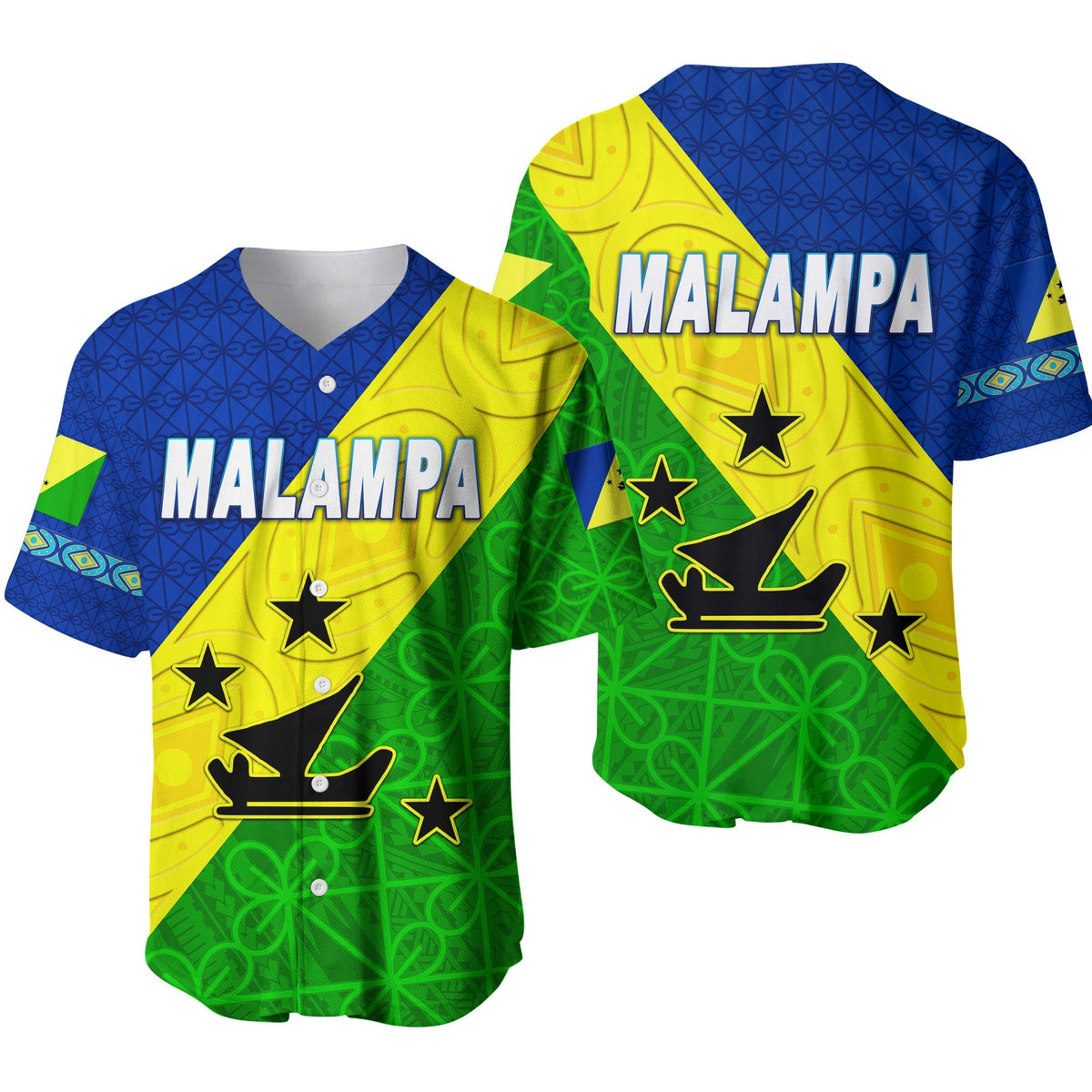 Malampa baseball jersey in blue with yellow and green Vanuatu pattern, star graphics, button front