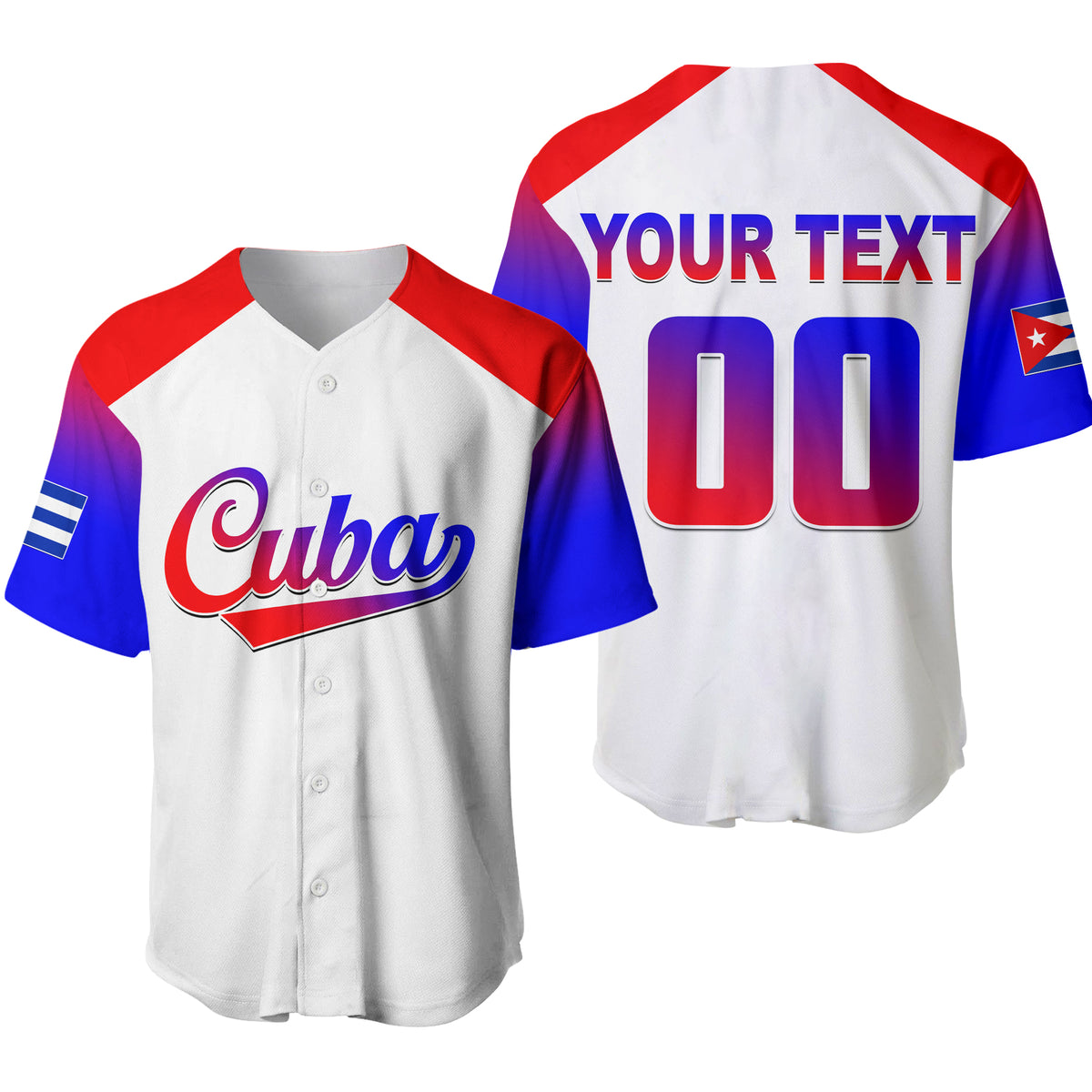 White baseball jersey with red and blue sleeves, Cuba logo front, custom text and number back