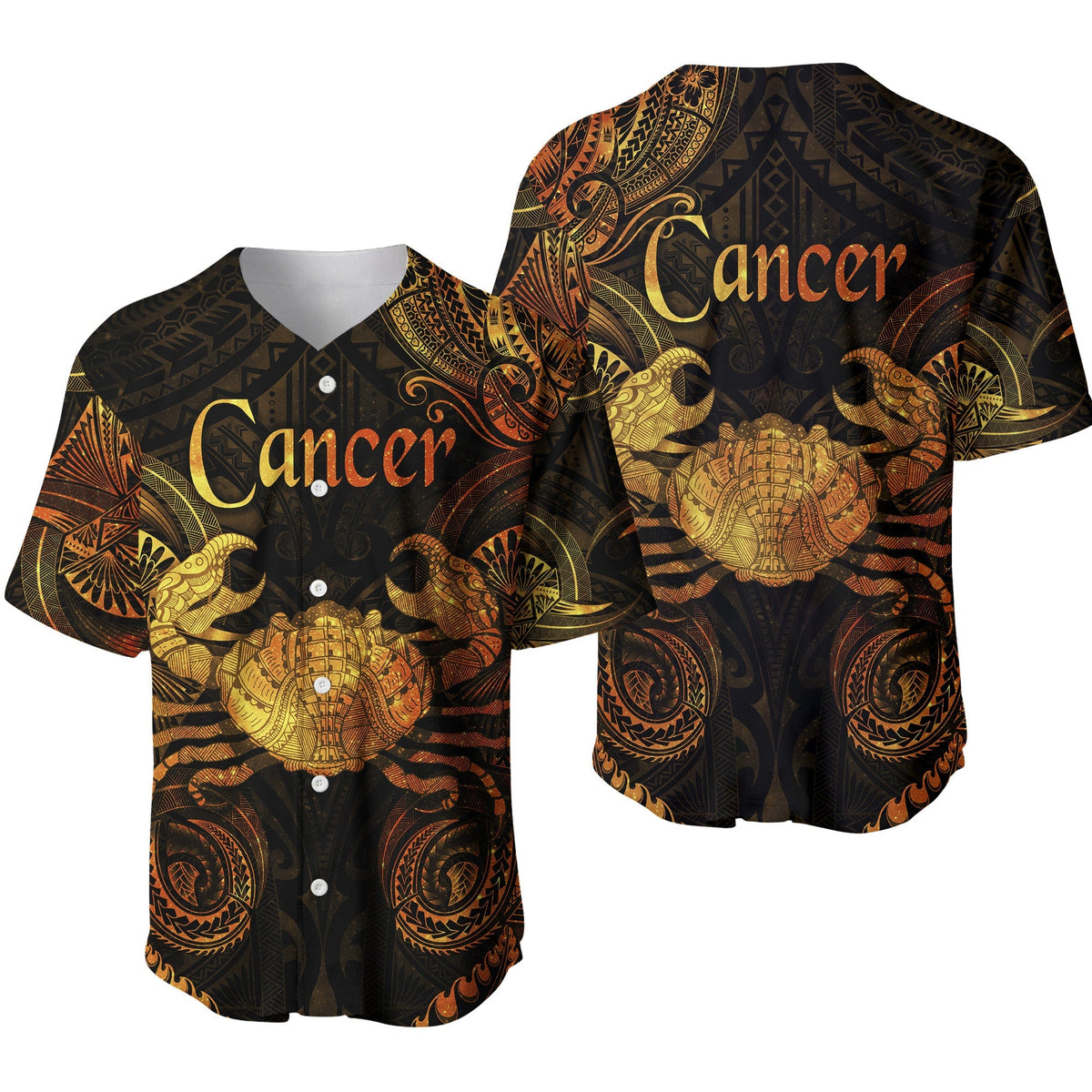 Gold Cancer zodiac polynesian baseball jersey, dark button-up with ornate shell graphics